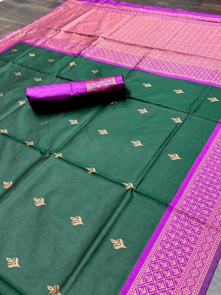 Kanjivaram Soft Lichi Silk Saree with Vintage Weaving & Rich Border - SEEANS