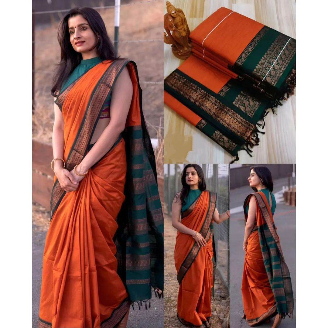 Kanjivaram Soft Lichi Silk Saree with Vintage Weaving & Rich Border - SEEANS