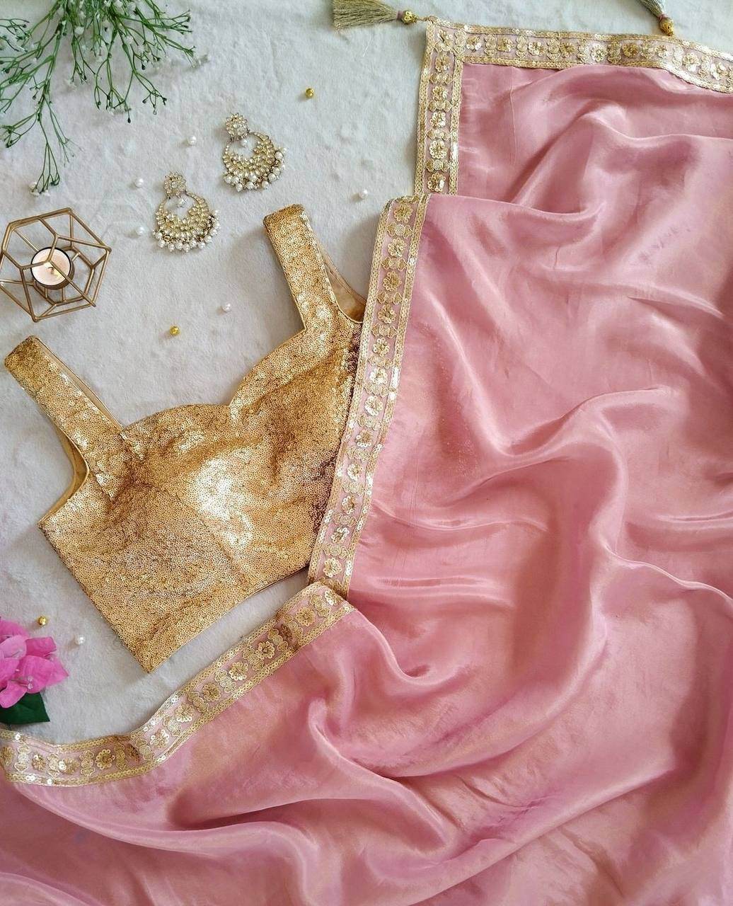 Soft Gold Crush Saree with Embroidery Sequence Blouse | SEEANS - SEEANS