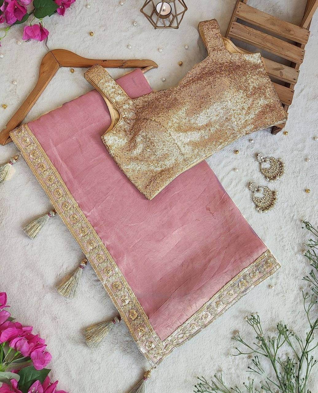 Soft Gold Crush Saree with Embroidery Sequence Blouse | SEEANS - SEEANS