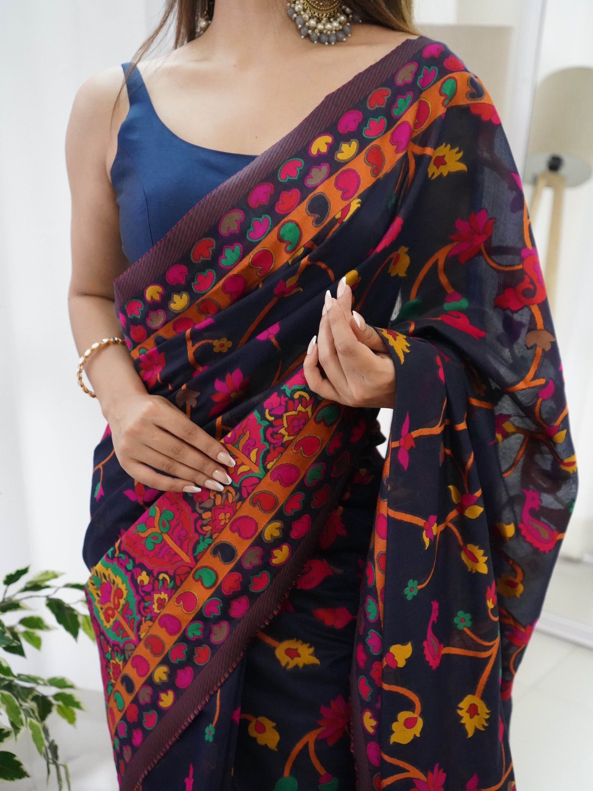 Kashmiri Pashmina Cotton Kachhi Work Multi Thread Saree – Elegant & Traditional - SEEANS