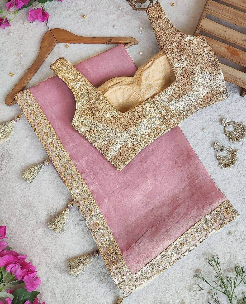 Soft Gold Crush Saree with Embroidery Sequence Blouse | SEEANS - SEEANS